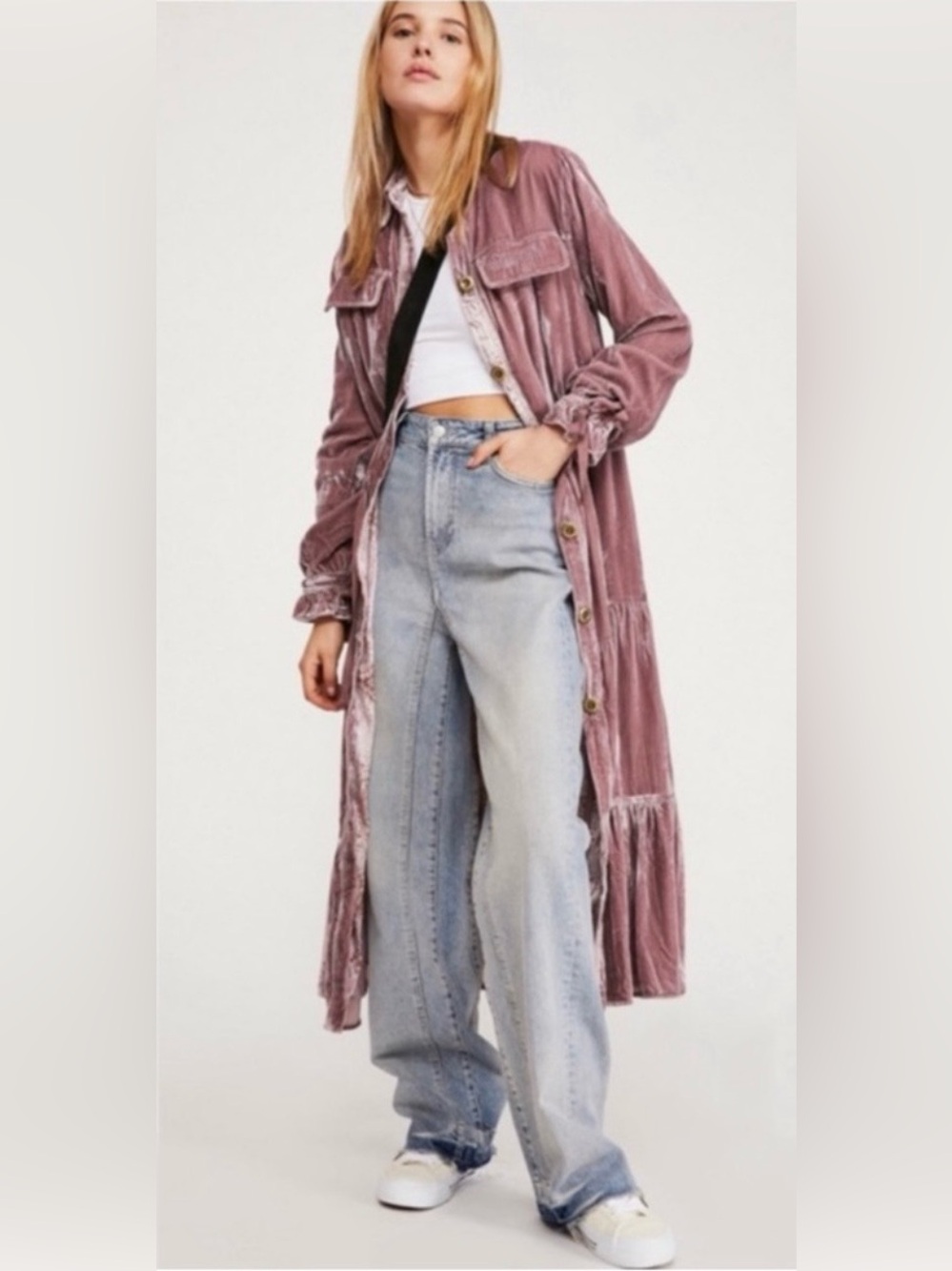 NWOT Free People Bella Donna Velvet Longline Button-Front Maxi Duster Jacket M